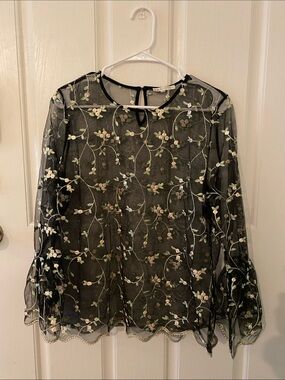 Neiman Marcus Black Sheer Floral Embroidered Blouse